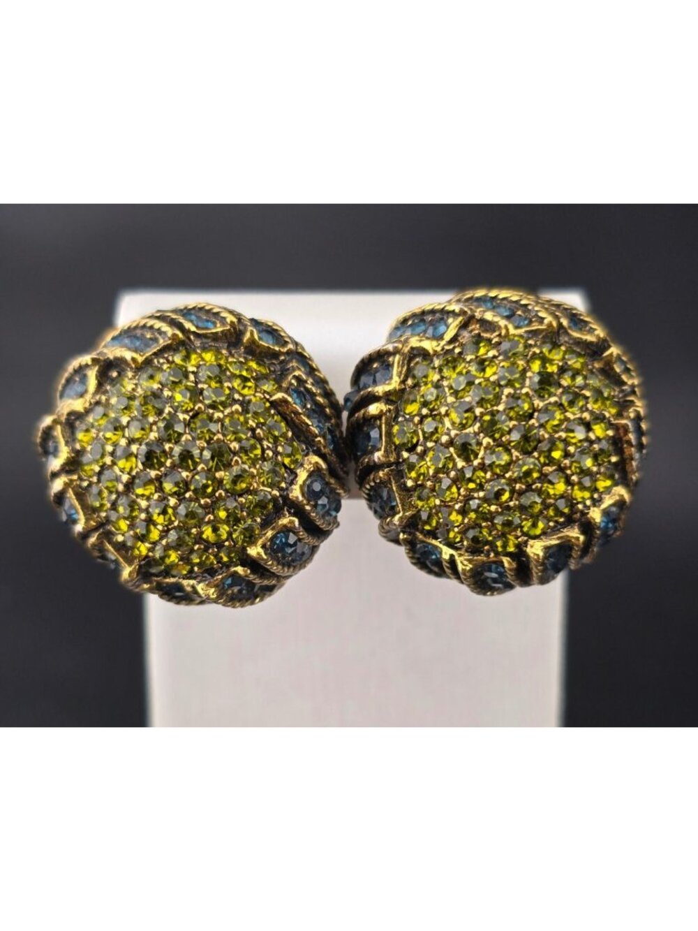 Vintage HAR Green and Blue Rhinestone Clip On Earrings Gold Tone